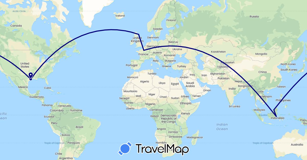 TravelMap itinerary: driving in Brunei, France, United Kingdom, Indonesia, United States (Asia, Europe, North America)